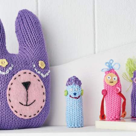 child’s blanket, hanging storage pockets, toy finger puppets, bunny toy, child’s hat, toy dice Knitting Pattern