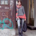 Colour Block Jumper with Long Striped Scarf Knitting Pattern
