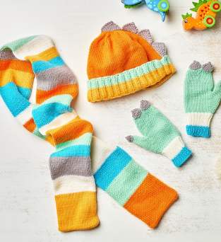 Children’s Dinosaur Hat, Scarf and Mittens Knitting Pattern Knitting Pattern