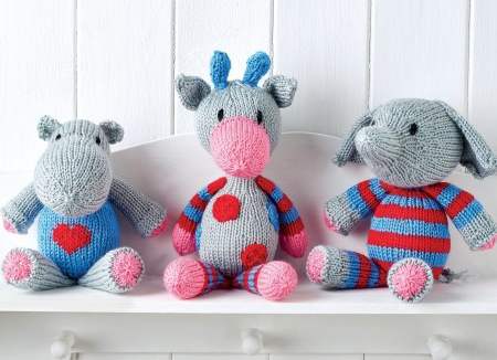 Snuggle Buddies Toy Trio Elephant Hippo Giraffe Knitting Pattern